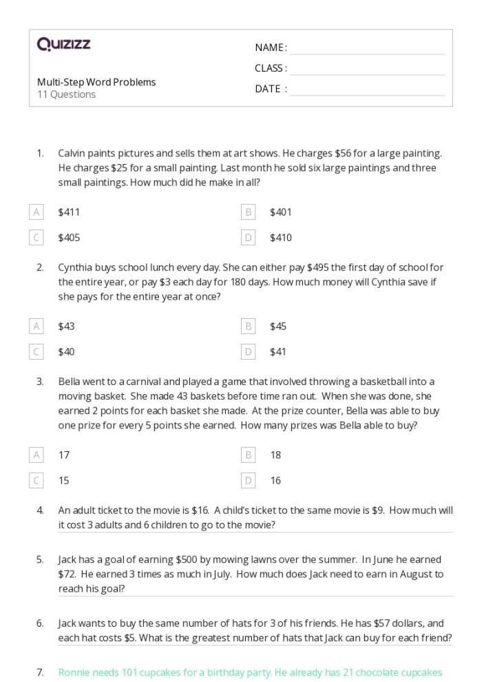 Worksheet featuring Blake's Afternoon at Sunnyvale Cinemas focused on multi-step word problems for fourth graders