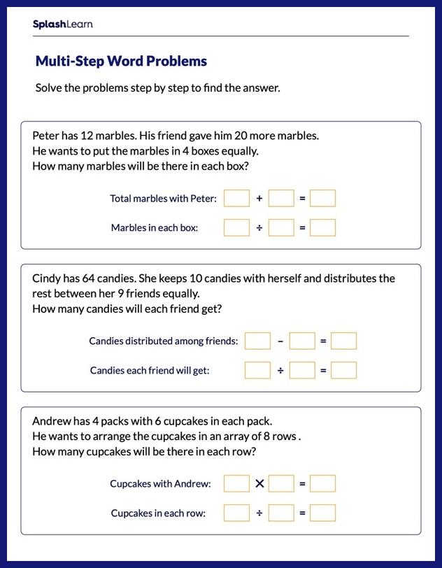 Interactive worksheet featuring multi-step word problems themed around Blake’s trip to Sunnyvale Cinemas
