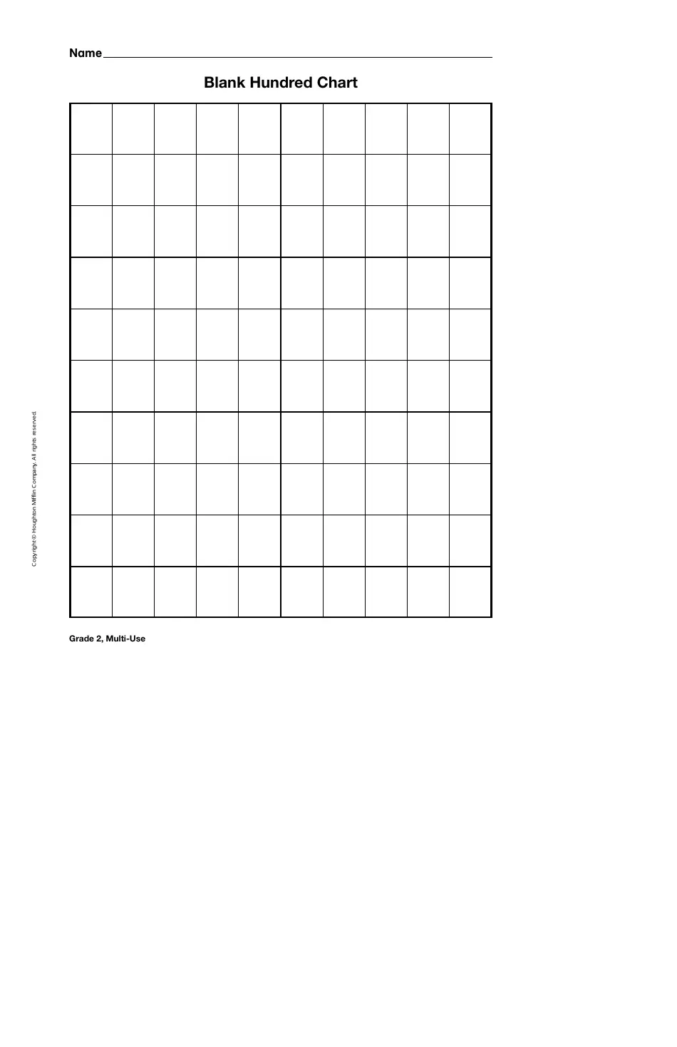 Blank Hundreds Chart worksheet for first graders to practice numerals and patterns