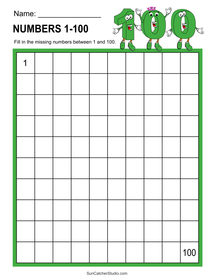 Blank hundreds chart worksheet for first graders to practice numerals and patterns