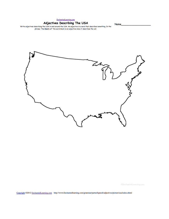 Blank map of the United States for third grade geography practice and learning