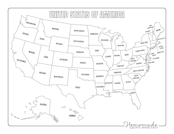A blank map of the United States showing state boundaries for students to identify and label state capitals and geographic features