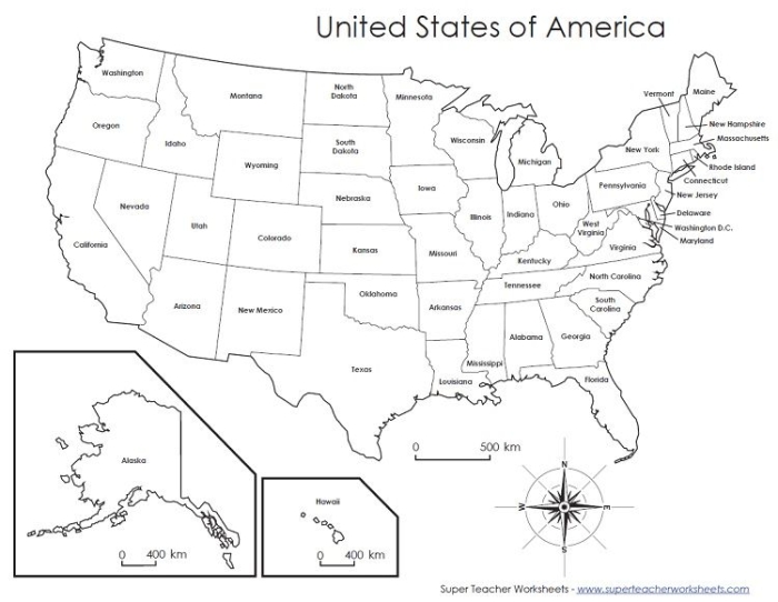 Blank U.S. map worksheet for third grade geography practice