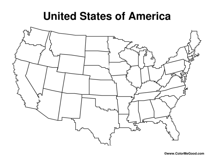 Blank outline map of the United States showing state boundaries for geography practice and learning