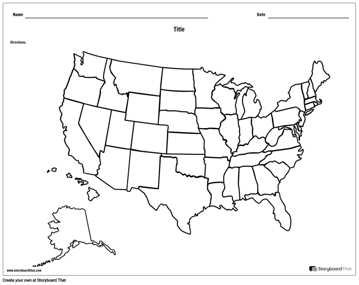 Third grade student worksheet featuring a blank map of the United States for geography practice
