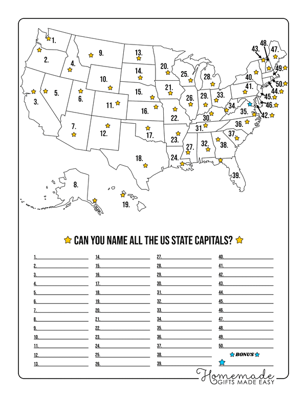 Blank map of the United States showing state boundaries for fifth grade geography practice