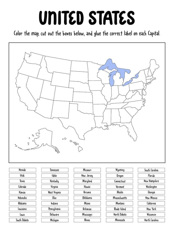 Blank map of the United States with state outlines for fifth grade geography practice and state capitals identification