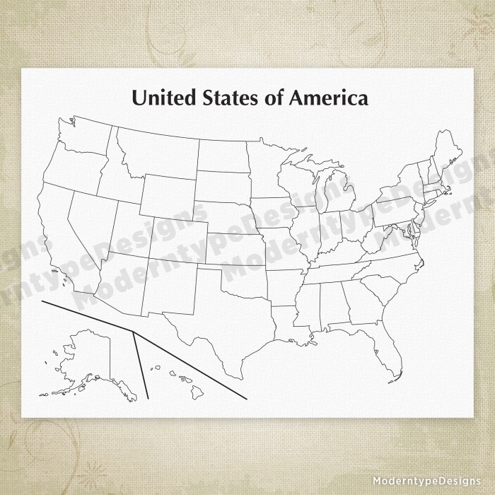 Blank map of the United States showing state boundaries for fifth grade geography practice