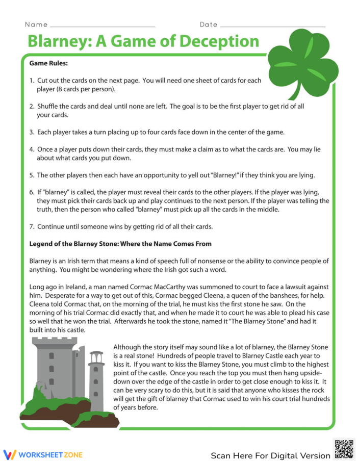 Worksheet featuring the Blarney: A Game of Deception for fourth graders, highlighting the legend of the Blarney Stone. Educational image illustrating the rules of a fun game focused on identifying lies among players.