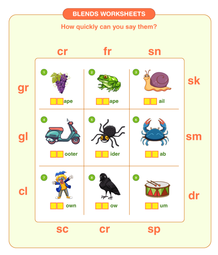 Blend at the Beginning worksheet for practicing initial sound blends with young learners
