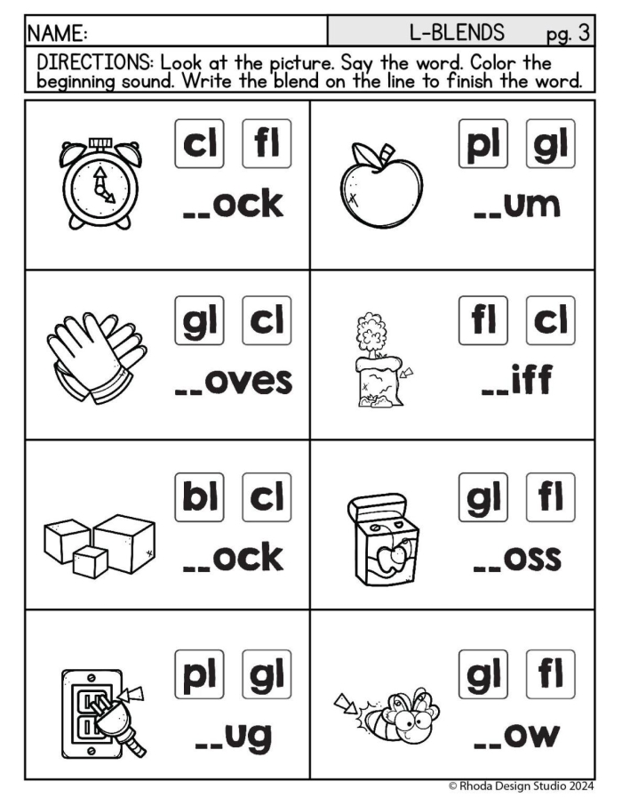 Blend at the Beginning worksheet for Pre-K students focusing on initial sound blends
