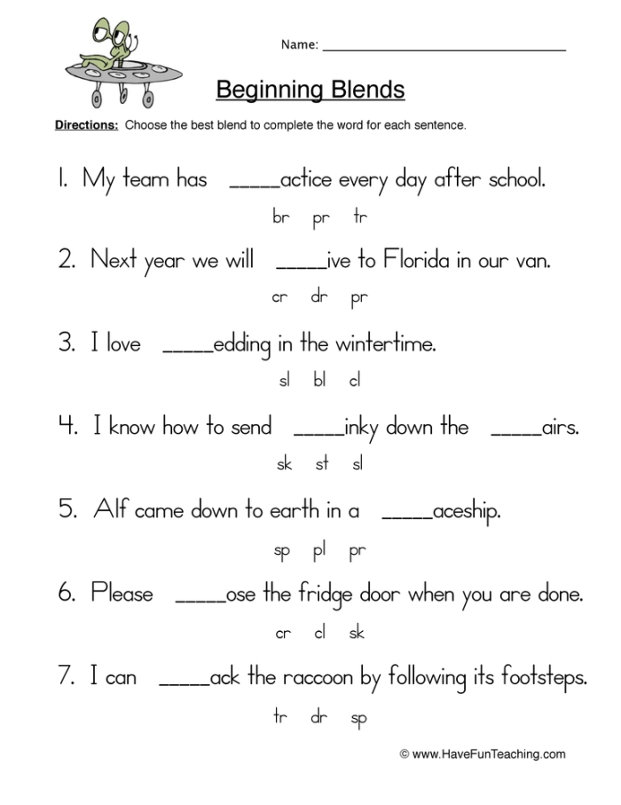 Blend at the Beginning worksheet for Pre-K students focusing on initial blends in words