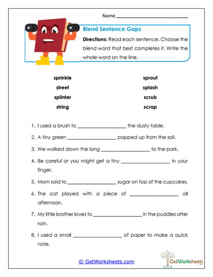 Complete the Sentence Blends in Context Worksheet 24 for Reading Fluency Practice Second grade student completing a consonant blends sentence activity with picture clues and fill-in-the-blank exercises