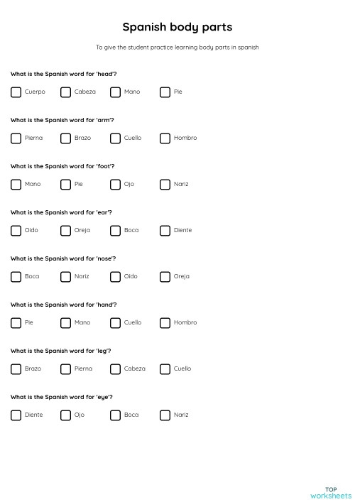 Body Parts in Spanish educational worksheet for fourth graders Worksheet for identifying body parts in Spanish with fill-in-the-blank sections