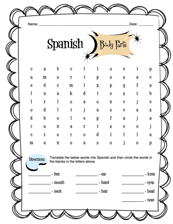 Body Parts in Spanish fill-in-the-blanks worksheet for educational use Worksheet featuring body parts in Spanish for fourth graders to fill in the blanks