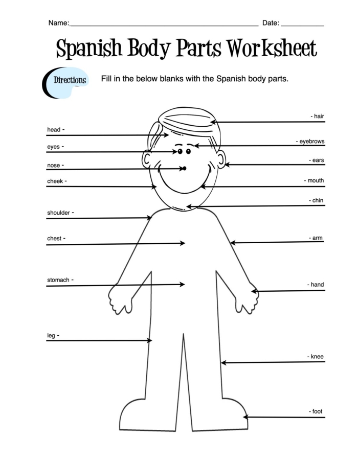 Fill-in-the-blanks worksheet on body parts in Spanish aimed at fourth graders. Engaging activity to enhance language skills while learning anatomy. Worksheet featuring body parts in Spanish for fourth grade students to fill in the blanks. Educational resource for learning vocabulary related to anatomy in a fun way.