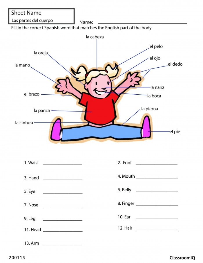Worksheet on body parts in Spanish for students to complete and learn Fill-in-the-blanks worksheet for learning body parts in Spanish for fourth graders