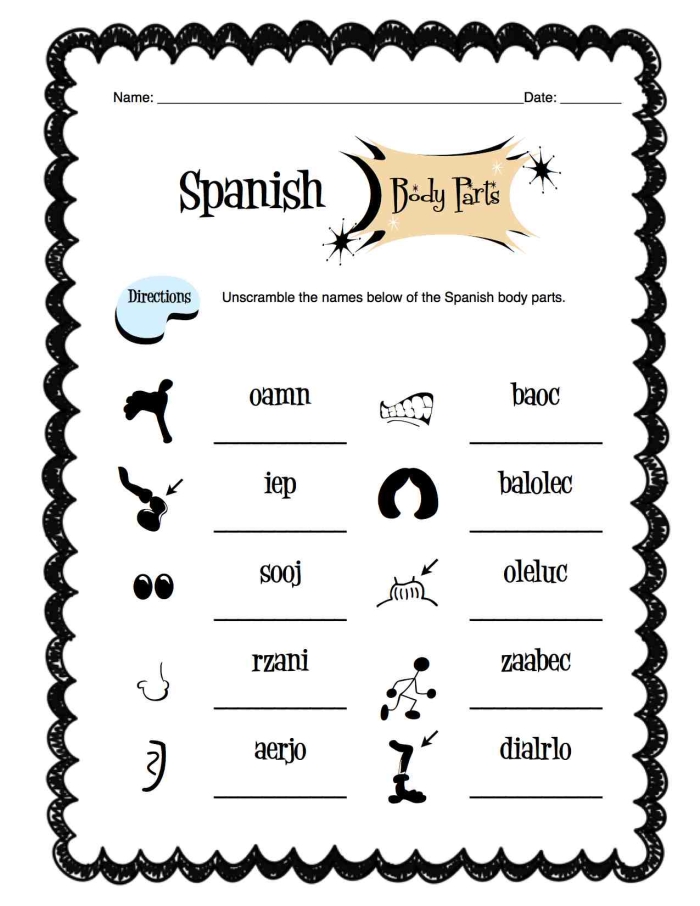 Educational resource for fourth graders to learn Spanish vocabulary related to body parts Worksheet featuring body parts in Spanish for students to complete by filling in the blanks