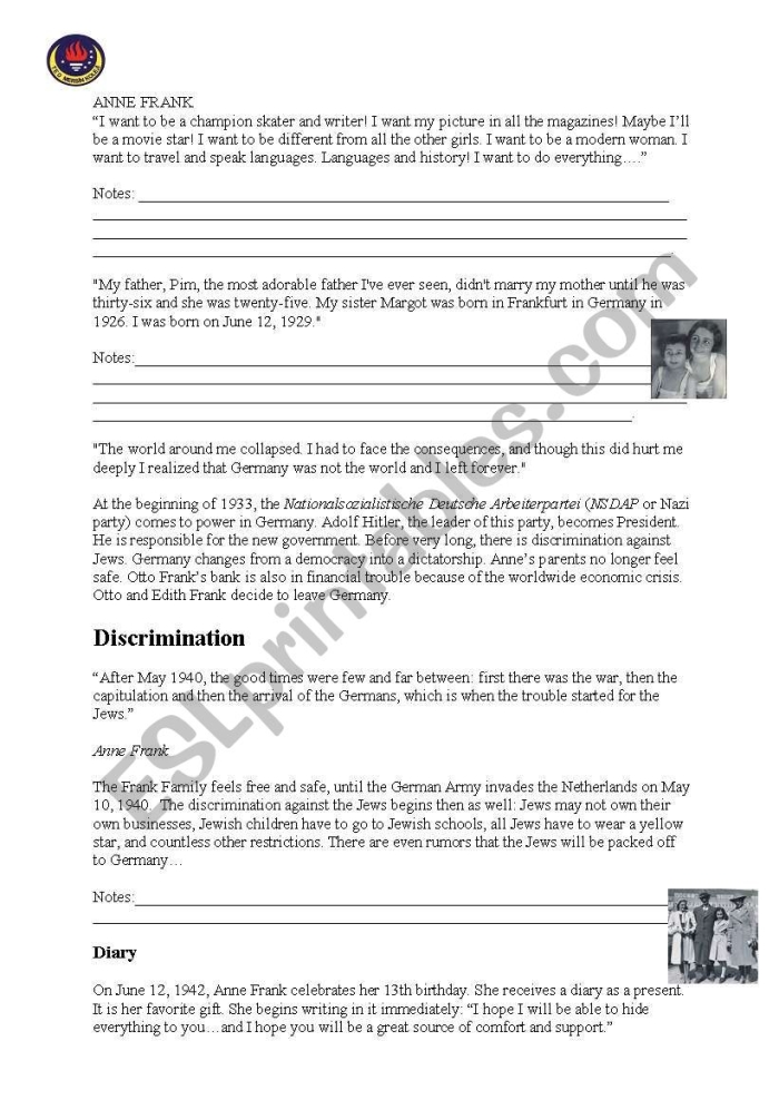 Pre-reading anticipation guide for Anne Frank: The Diary of a Young Girl Worksheet for pre-reading activity on Anne Frank's Diary for seventh graders