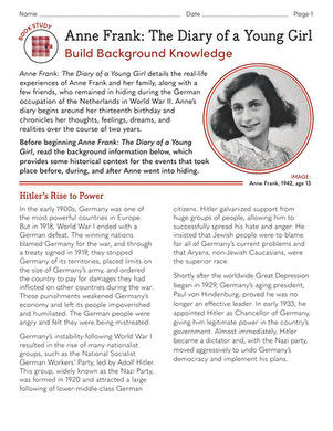 Book Study Pre-Reading Activity Worksheet for Anne Frank Image 7 Pre-reading activity worksheet for Anne Frank: The Diary of a Young Girl designed for seventh graders