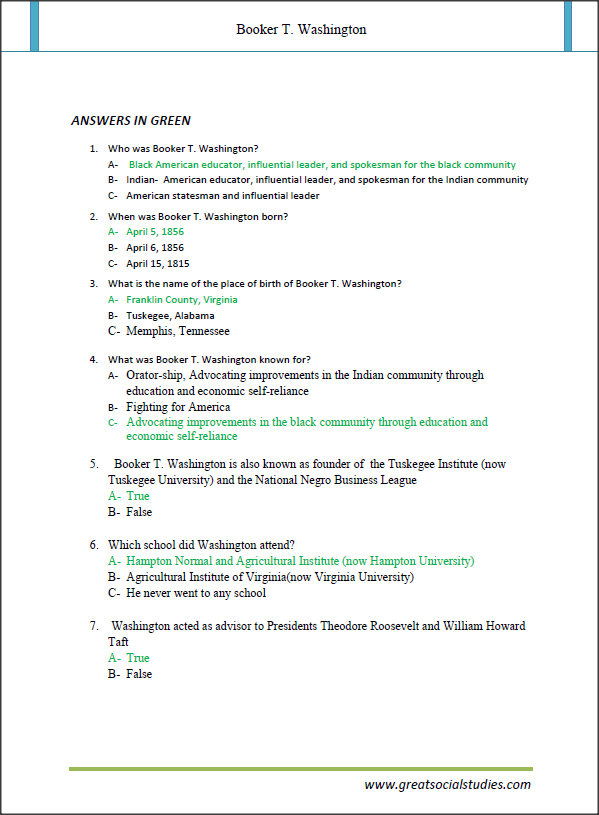 Biography worksheet about Booker T. Washington for fourth graders, featuring reading and reflection prompts. Educational image illustrating a passage on Booker T. Washington's life and learning activities.