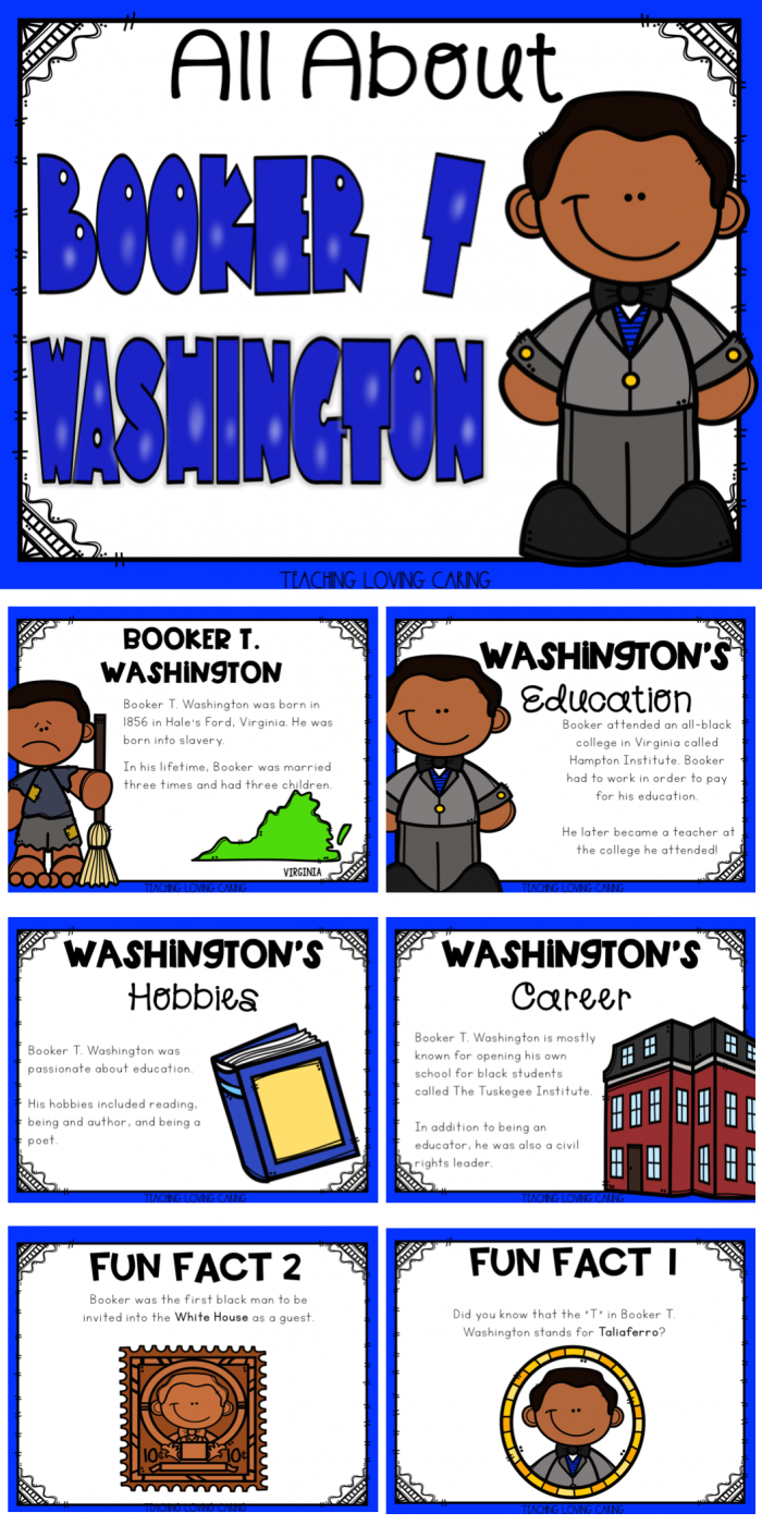 Biography worksheet for fourth graders about Booker T. Washington's life and reflections. Engaging prompts for students to deepen their understanding of Washington's contributions.