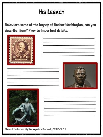 Biography worksheet featuring Booker T. Washington for fourth graders to enhance their learning. Educational resource illustrating reflective prompts on Washington's life and achievements.