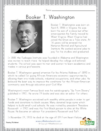 Worksheet featuring a biography of Booker T. Washington for fourth graders