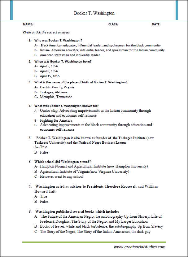 Biography worksheet featuring Booker T. Washington for fourth graders