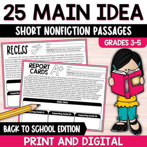 Main Idea of a Story worksheet for second graders focusing on reading comprehension skills