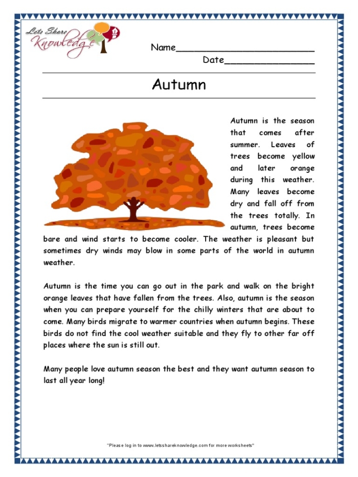 Third grade student completing an autumn themed reading fluency exercise sheet