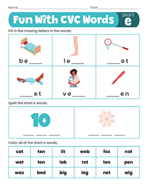Short E Sound Practice Worksheet for Beginning Readers Kindergarten student completing short E CVC word practice activities on a colorful worksheet with illustrations