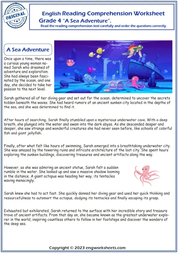 Reading Comprehension The Adventure Begins worksheet image sixteen Sixth grade student completing a Reading Comprehension The Adventure Begins worksheet with questions