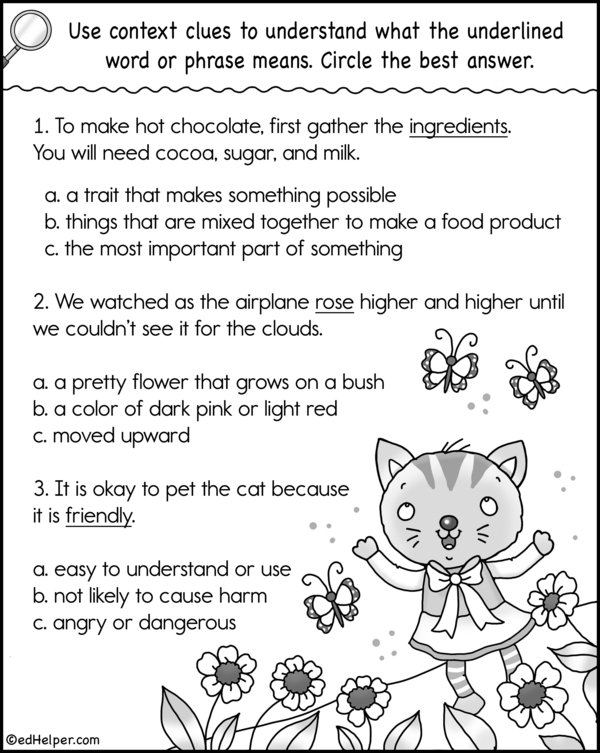 Third grade student engaging with a context clues worksheet focusing on word mysteries
