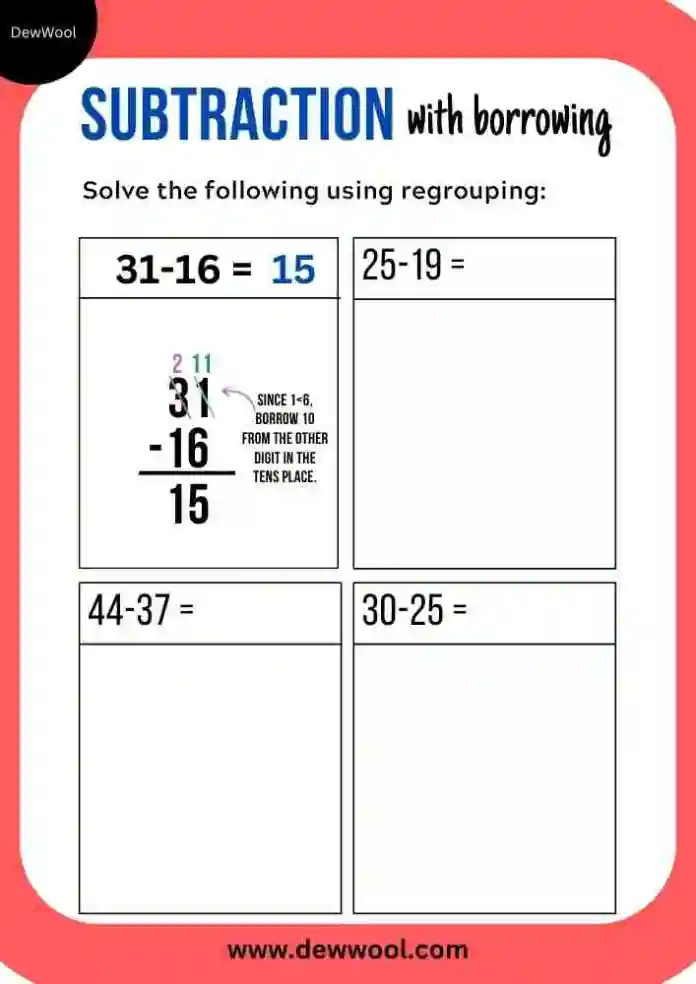 Worksheet for practicing borrowing in two-digit subtraction for second graders
