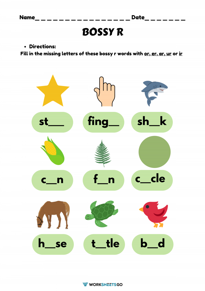Missing Bossy R Sounds Practice Activity for Elementary Learners Second grade worksheet showing words with bossy R sounds for students to practice r-controlled vowels and spelling patterns