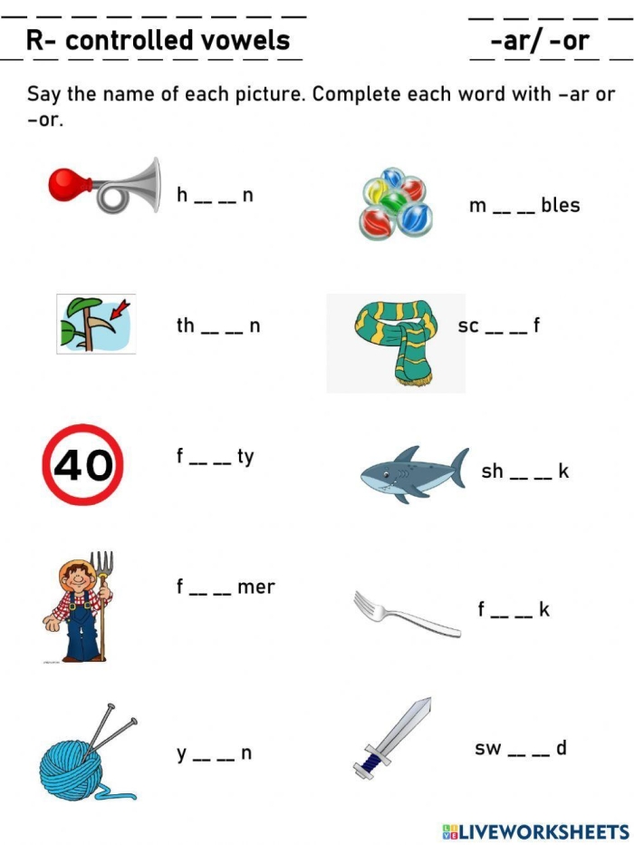 Missing Bossy R Sounds Worksheet 23 for Second Grade Phonics Second grade worksheet featuring r-controlled vowel practice exercises for missing bossy r sounds