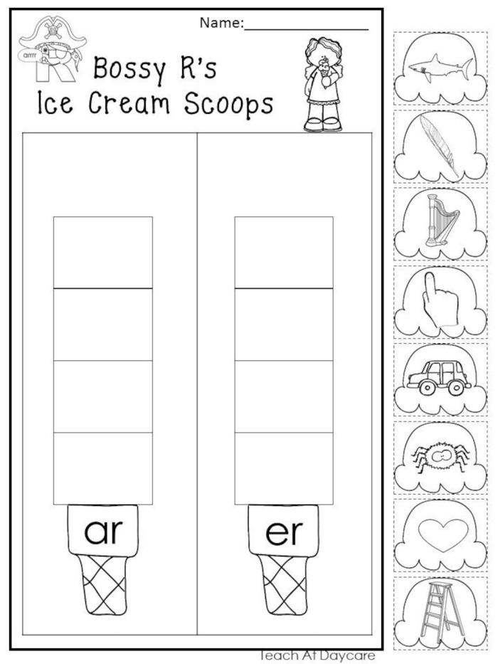 Educational image of the Bossy R Sort worksheet for second grade students Worksheet featuring the Bossy R Sort activity for second graders categorizing words with the bossy R sound