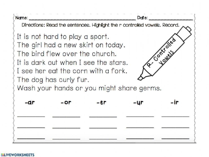 Engaging worksheet to help students learn about the bossy R sound through word sorting Bossy R Sort worksheet for second graders featuring a word categorization activity