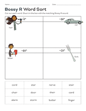 Bossy R Sort worksheet image for second-grade division lesson Worksheet featuring the Bossy R Sort activity for second graders to categorize words with the bossy R sound