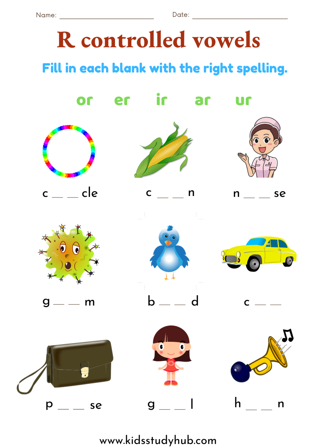Image of Bossy R Sort worksheet, helping students learn about bossy R sounds Bossy R Sort worksheet for second graders, featuring 12 words for categorization