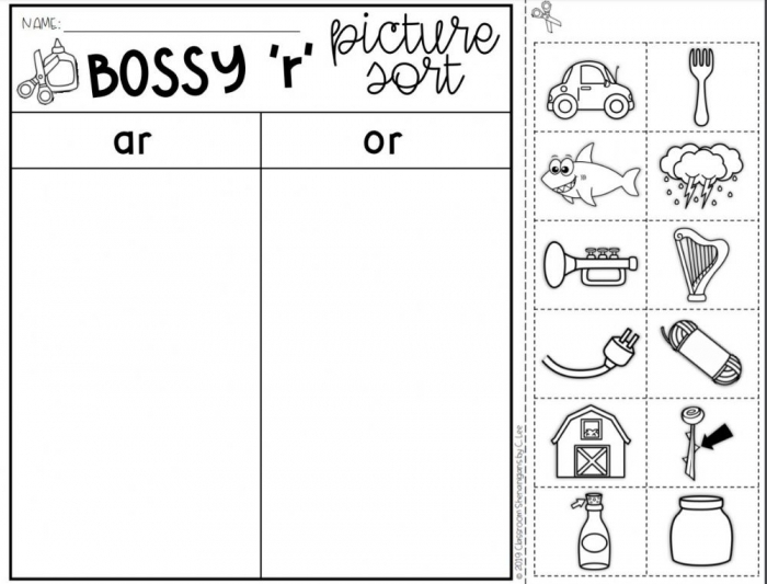 Worksheet for learning Bossy R sounds with word sorting activity Worksheet featuring Bossy R sound categorization for second graders