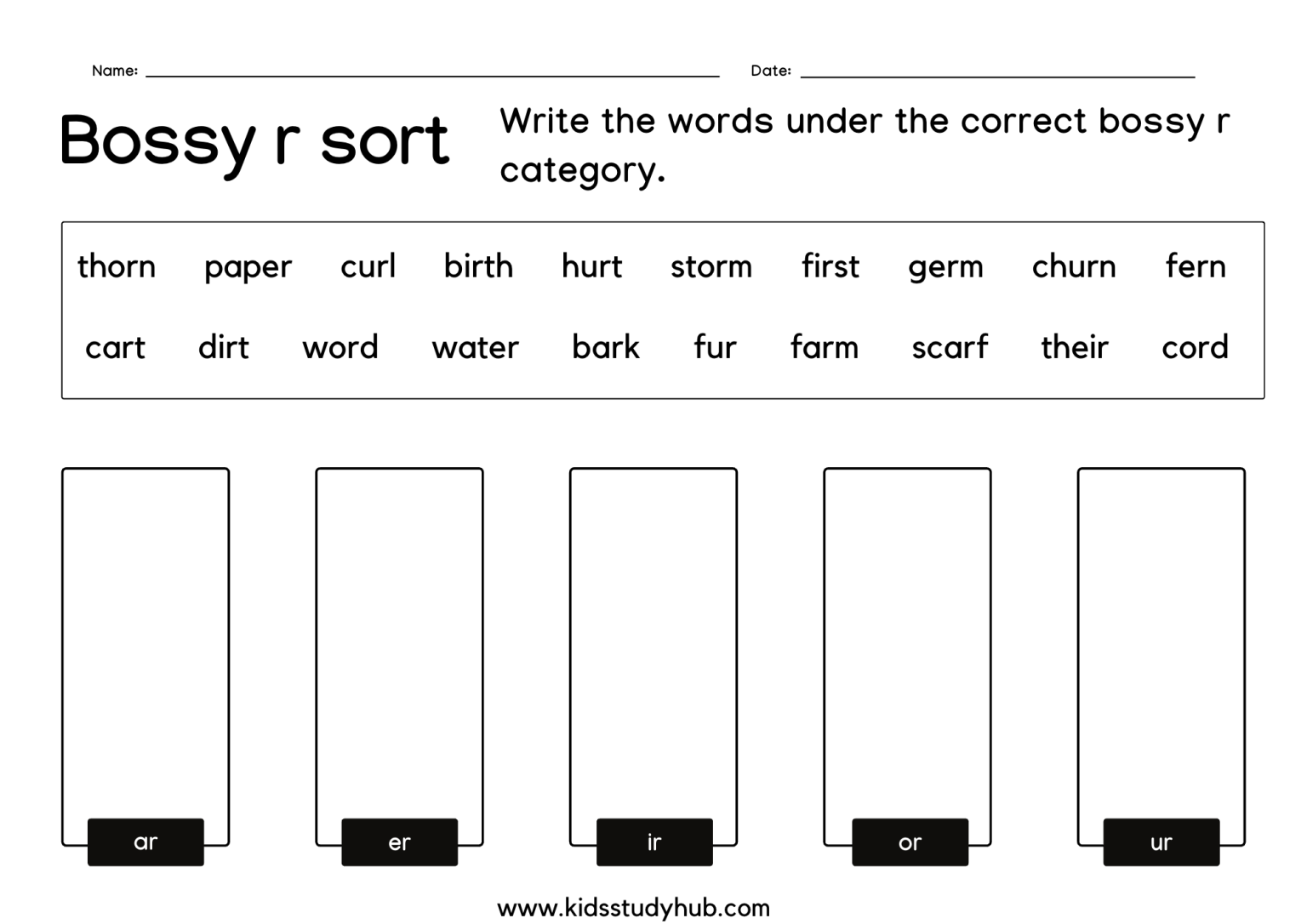 Worksheet image featuring Bossy R sound sorting activity for young learners Bossy R Sort worksheet for second graders categorizing words with the bossy R sound