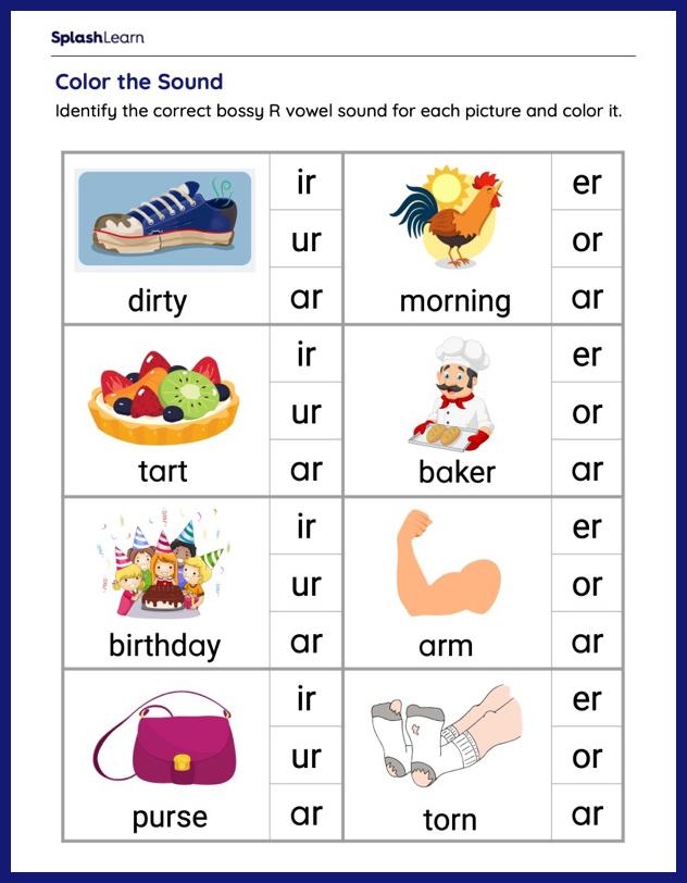 Worksheet image depicting students categorizing words with the bossy R sound Bossy R Sort worksheet for second graders featuring 12 words with the bossy R sound