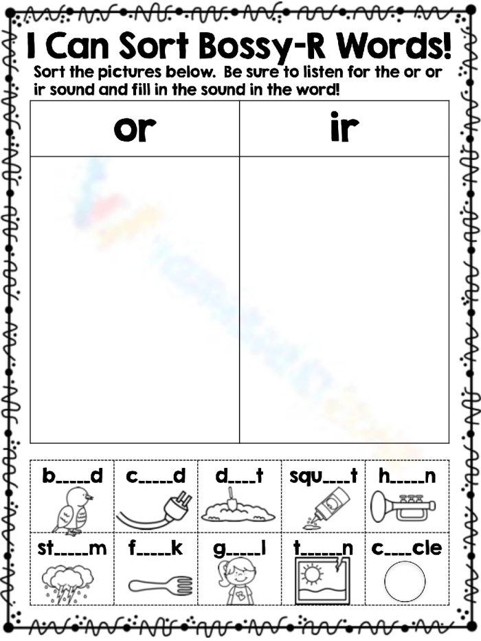 Bossy R Sounds Worksheet for Second Grade Lesson 14 Second grade student identifying missing bossy R sounds in an r-controlled vowels practice worksheet