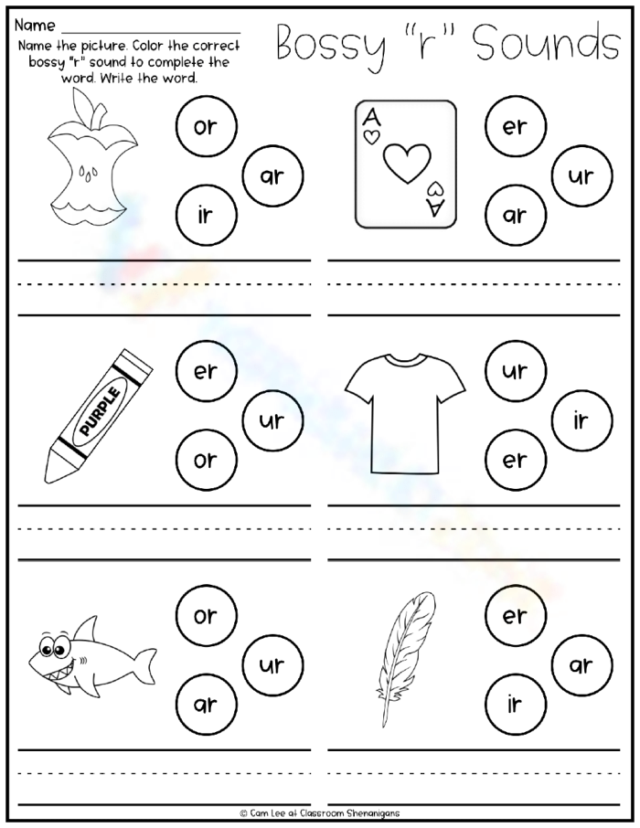 Missing Bossy R Sounds Worksheet 13 for Grade 2 Phonics Practice Second grade student worksheet focusing on identifying missing r-controlled vowel sounds in words