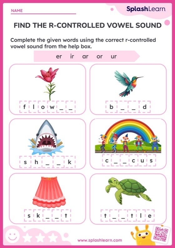 Bossy R Sounds Spelling Exercise 21 for Elementary Phonics Instruction Second grade worksheet showing missing bossy R sounds activity with r-controlled vowels for spelling practice