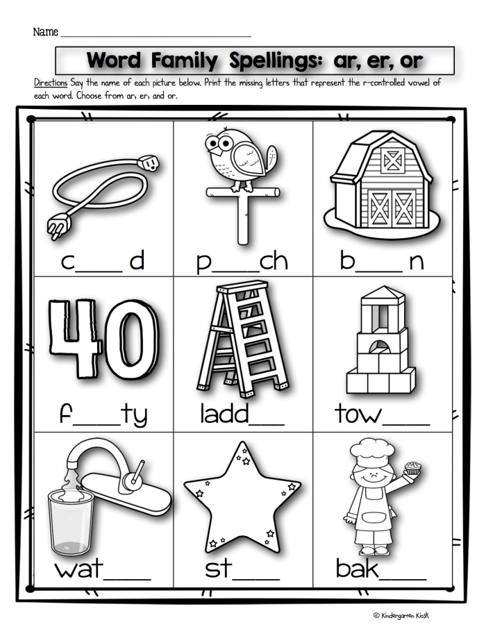 Missing Bossy R Sounds Practice Activity for Elementary Phonics Instruction Second grade worksheet showing words with missing bossy R sounds for students to practice r-controlled vowel spelling and pronunciation