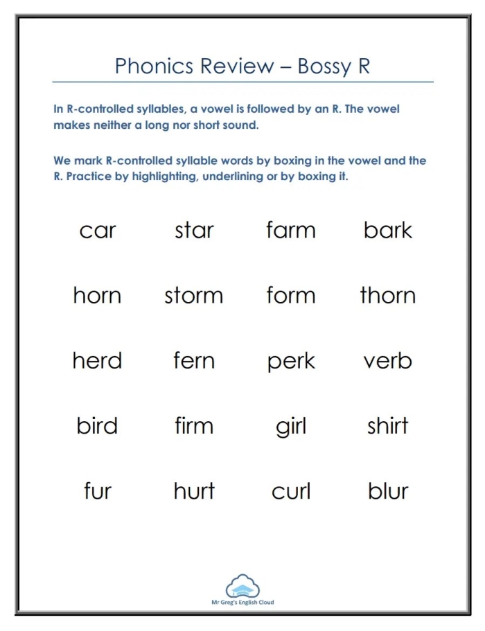 Bossy R Sounds Spelling Activity 17 for Elementary Phonics Practice Second grade worksheet showing missing bossy R sound words with r-controlled vowels for spelling practice
