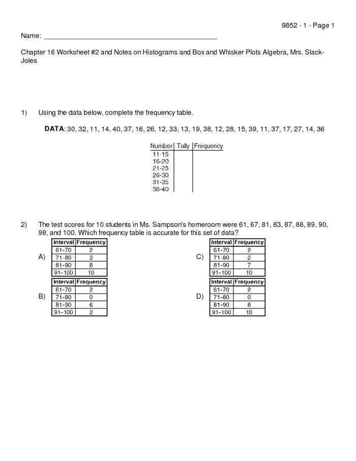 Sixth grade math worksheet showing how to calculate a five-number summary for a box and whisker plot